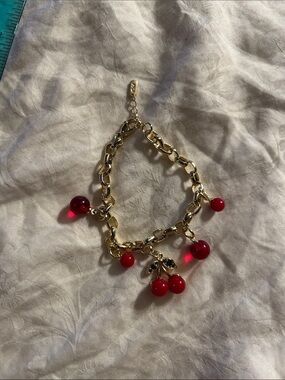 Gold Cherry Charm Bracelet - Red Cherry Dangle Bracelet